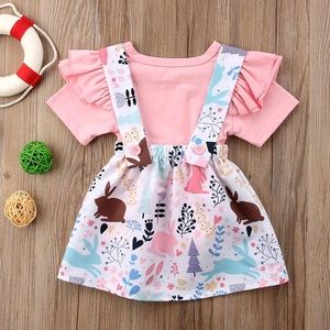 🐰 Ruffle Short Sleeve Top + Floral Overall Skirt